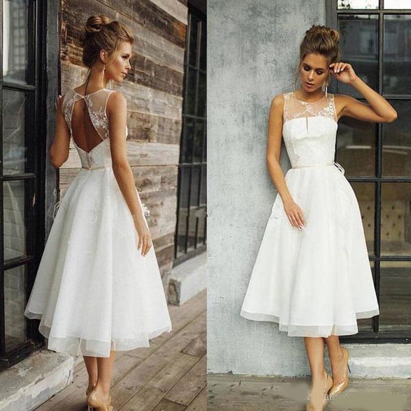 

vintage tea-length short wedding dresses 2020 sheer jewel neck country garden bridal gowns robe de marriage custom made, White