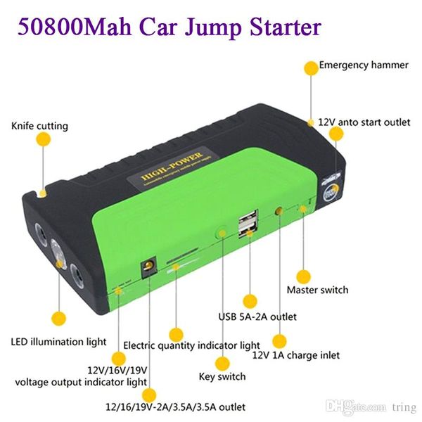 

new 50800mah 12v car jump starter multifunction power bank cellphone lapnotebook charger emergency battery charger