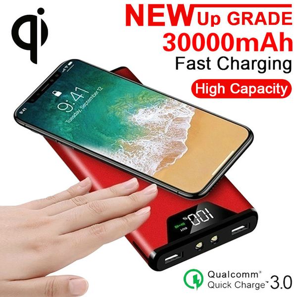 

power bank 30000mah large capacity portable qi wireless charger lcd digital display power bank led lighting travel charger