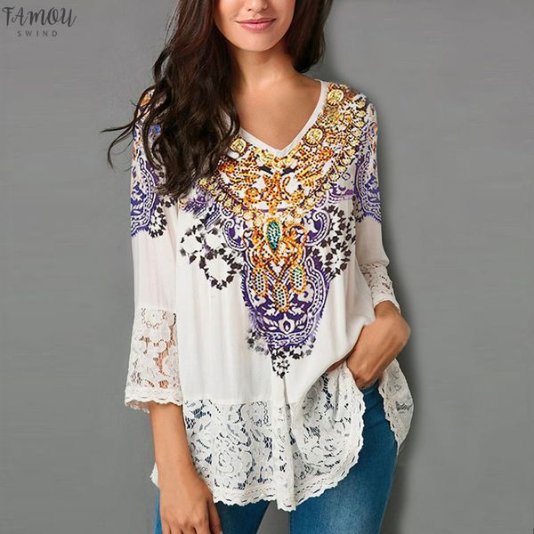 

женщины свободная блузка три четверти v шеи топы кружевная блузка повседневная blusas mujer de moda 2020 женские топы и майки новый, White