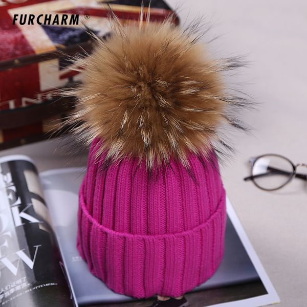 

fashion women's winter knitted fur beanie hats with 16cm real raccoon fur pompoms caps ear protect causal hats for women