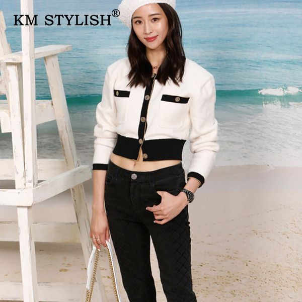 

km stylish 2019 autumn new women spring long-sleeve coat celebrity pocket button contrast color jacket short fashion outerwear, Black;brown