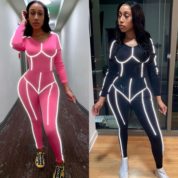 

womens reflective jumpsuit crew neck long sleeve romper ladies overalls playsuit casual female jumpsuits romper long trousers, Black;white