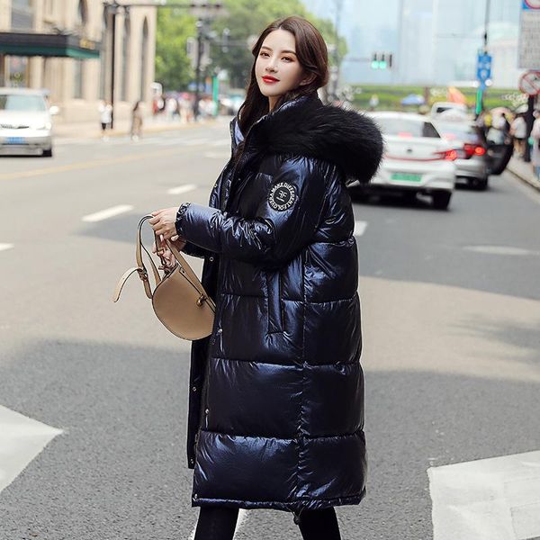 

2019 fashion epaulet long women winter jacket cotton padded warm thicken big fur collar ladies long coats parka womens jackets, Black