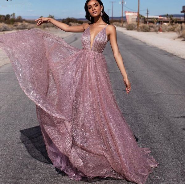 

rose gold prom dresses 2020 a-line sequin party maxys long prom gown v-neck backless evening dress vestido de festa longo, Black;red