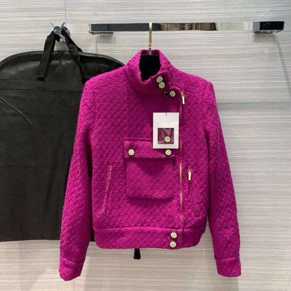 

2020 new 100% wool rose short design jacket women front pocket snowflake button zipper tweed vintage coat silk liner, Black