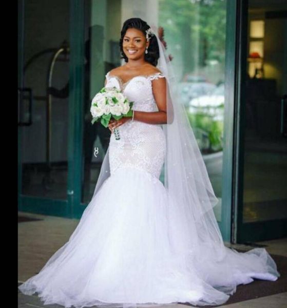 

vintage lace wedding dresses off shoulder mermaid bridal gowns applique robe de marie plus size african long vestido de noiva, White