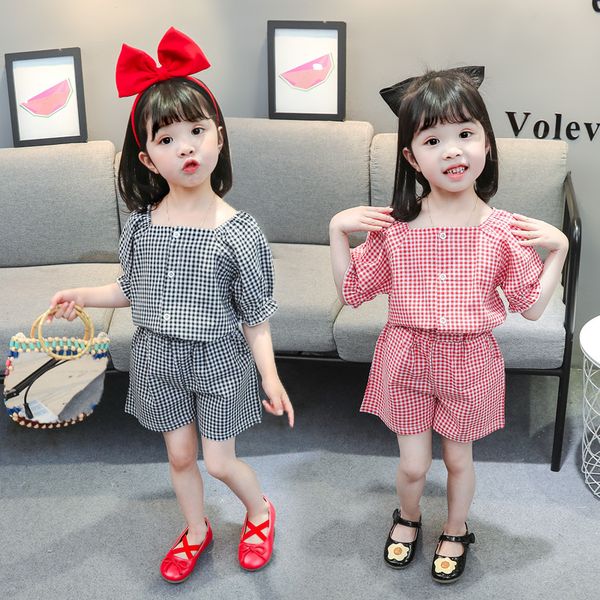 

2020 summer baby girl's sets plaid shirt with shorts, White