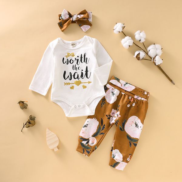 

3pcs infant girls clothes girls sets newborn baby boys letter floral print romper pants outfits set 2019 sale, White