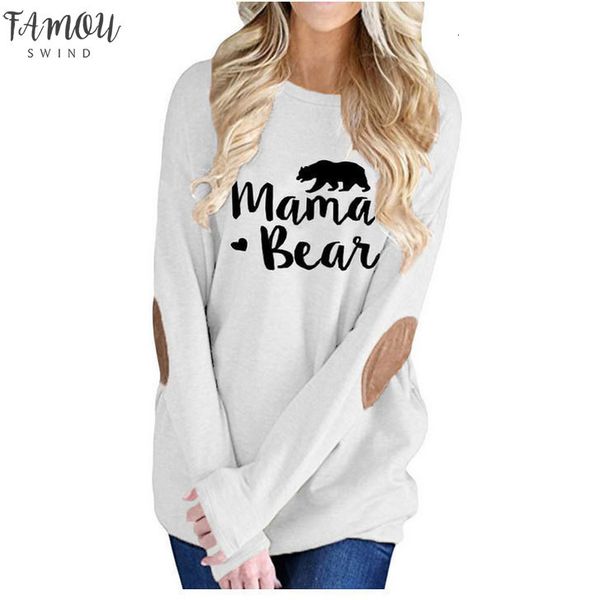 

female elbow patch loose tee shirt mama bear letter print round neck casual women color block long sleeve t, White