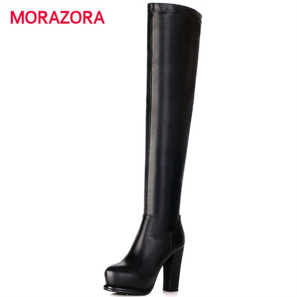 

morazora 2018 new autumn winter over the knee boots fashion pu+genuine leather boots round toe super high heel platform, Black