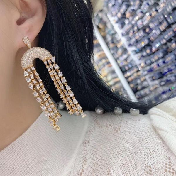 

80mm super long cross tassel drops geometry cubic zirconia american wedding party earring handmade jewelry for women e7919, Silver