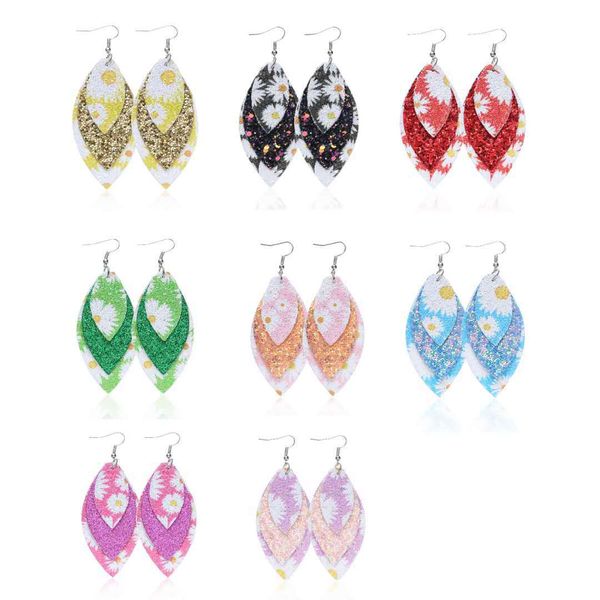 

s1461 fashion jewelry multi-layer sequined pu leather earrings daisy print faux leather dangle earrings, Silver