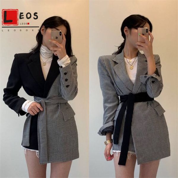 

women blazer patchwork plaid bandage new vintage full sleeve plaid stitching irregular straps slim suit loose trend coat, White;black