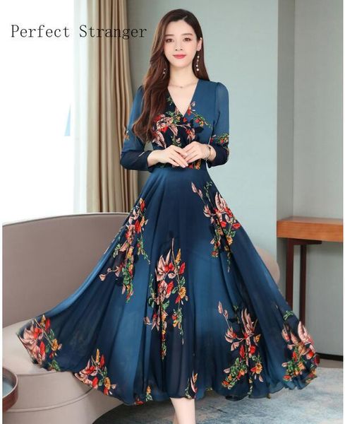 

богемный стиль платья 2019 осень нового прибытия v воротник цветок отпечатано с длинным рукавом плюс размер -4xl женщина шифон длинное плат, Black;gray