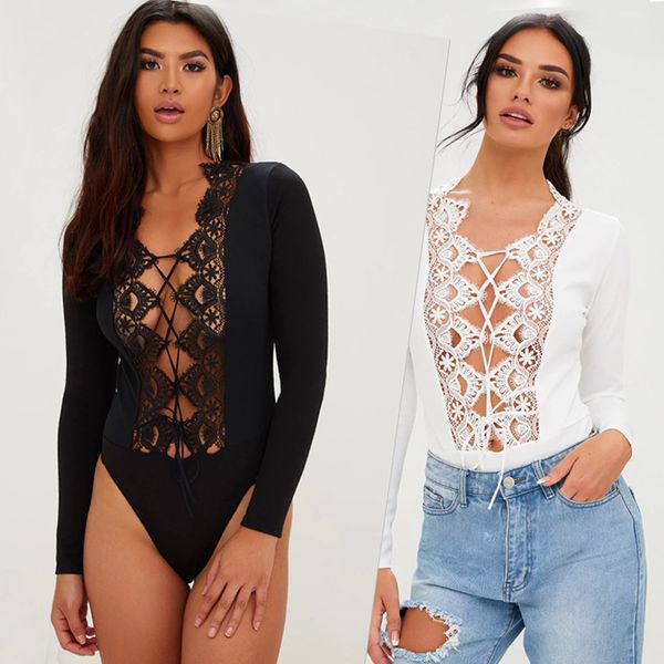 

news women lace bandage jumpsuits one piece crochet long sleeves bodycon lady skinny underwear romper, Black;white
