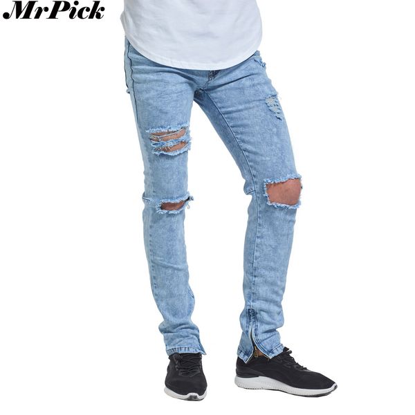 

2017 new ripped ankle zipper skinny jeans men fashion casual designer brand urban distressed destroyed hole jeans, Blue