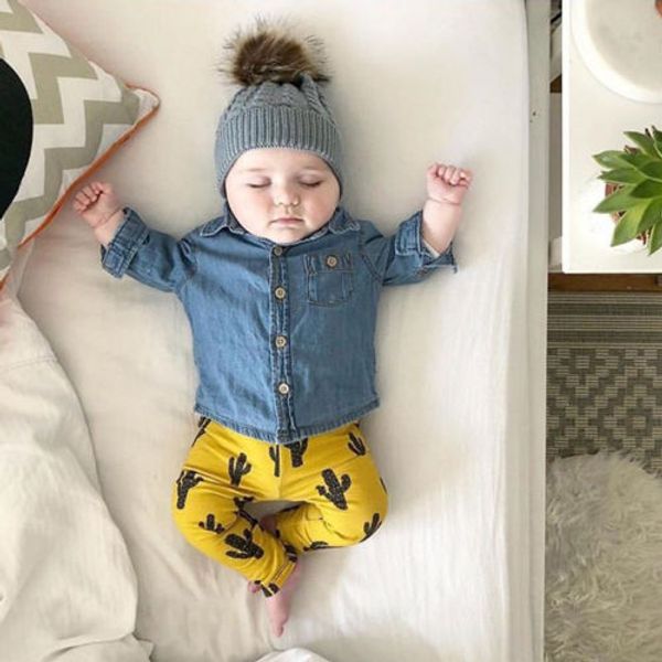 

spring autumn clothes baby girl boy long sleeve denim blouse shirt yellow cactus pant legging infant outfit children clothes new, White