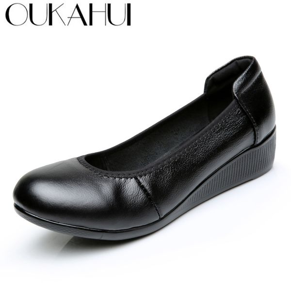 

oukahui summer black wedges heel 4cm ballet flats women shoes genuine leather silp-on flat work office shoes women comfortable