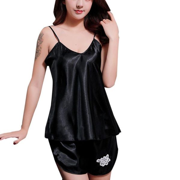 

satin lingerie set solid color sleeveless pajamas appliques flower camis set ladies home wear underwear sleepwear /pt, Blue;gray