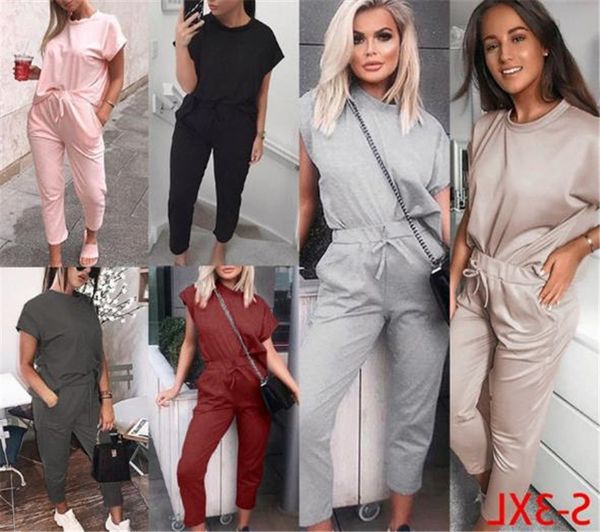 

сплошной цвет женщин конструктора костюмы casual crew neck сыпучие двухкусочный брюки с коротким рукавом летняя наборы, Gray