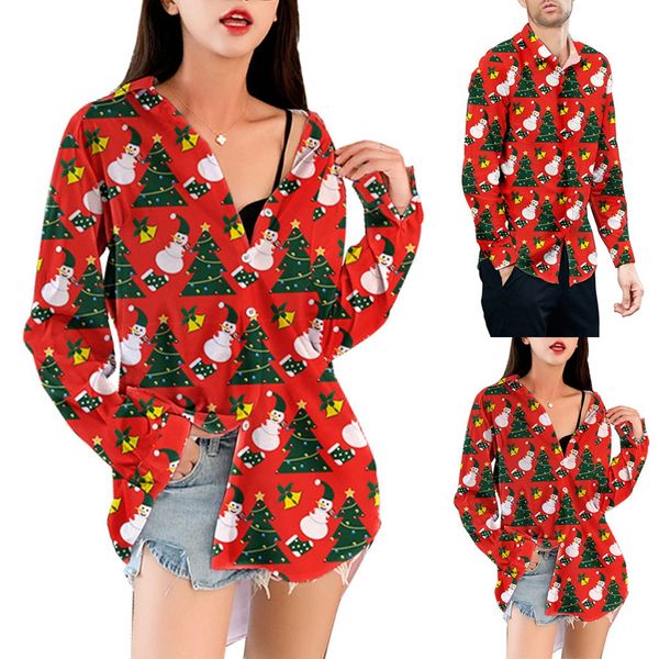 

feitong couple shirt blouse fashion men women new style casual tree snowflakes printed christmas streetwear shirt, White;black