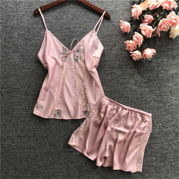 

summer 2019 women pajamas sets with shorts satin sleepwear silk sleeveless with chest pads pijama lace nightwear pyjama, Blue;gray