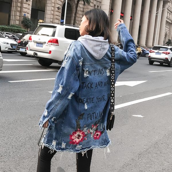 

2019 fashion the new loose letter embroidered hole cowboy windbreaker ing, Tan;black