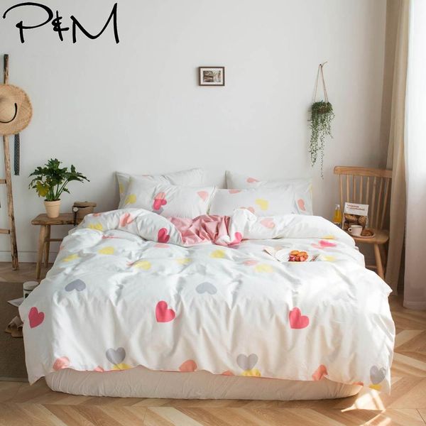 

2019 ins pink grey hearts print duvet cover set flat fitted sheet cotton bedlinens hypoallergenic twin  king bedlinens