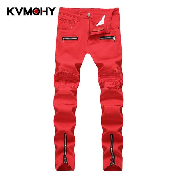 

men jeans fashion denim pants zipper biker jeans plus size male slim skinny jean hip hop red white straight trousers, Blue