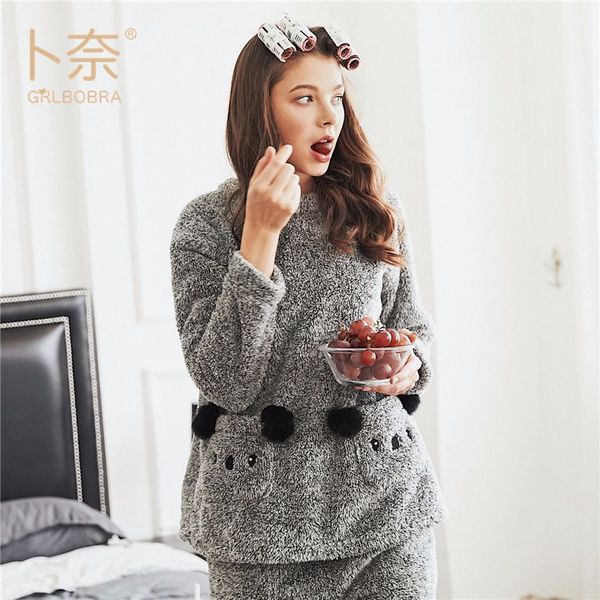 

new comfortable woollen two-piece pajamas for women in autumn and winter warm home wear, Blue;gray