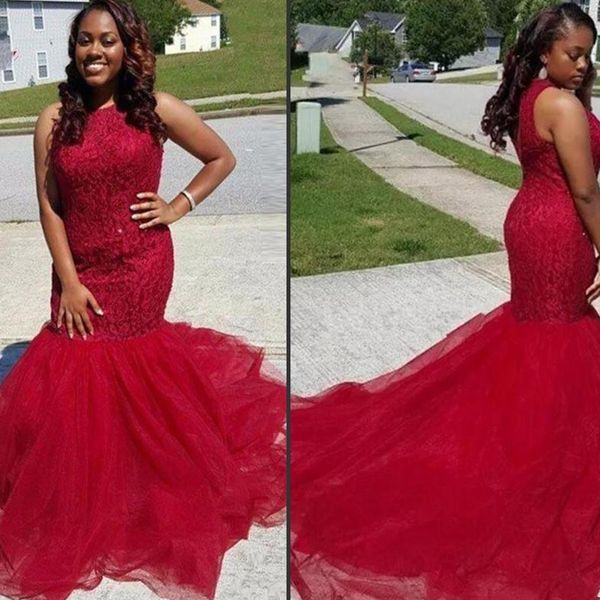 

2020 black girls evening dresses long red lace appliques mermaid jewel neck sleeveless tulle sweep train party prom dresses