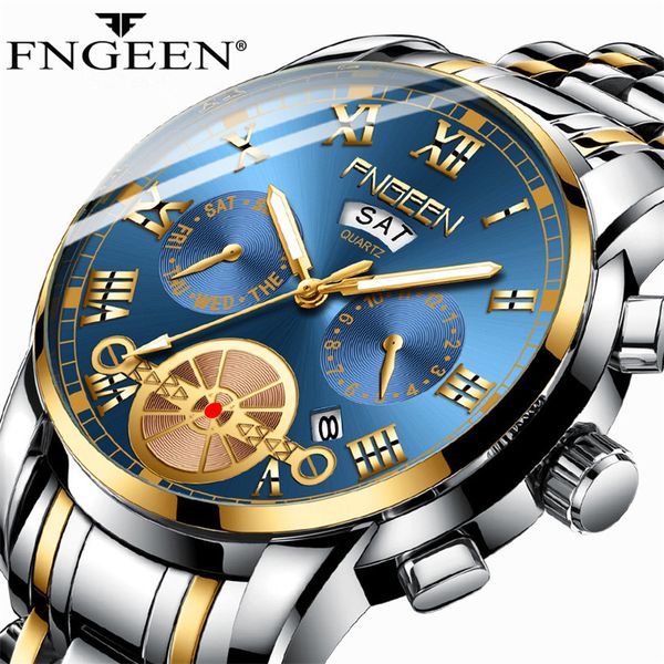 

fngeen full stainless steel mens watch men wrist watches waterproof date clock men business hours watch, Slivery;brown