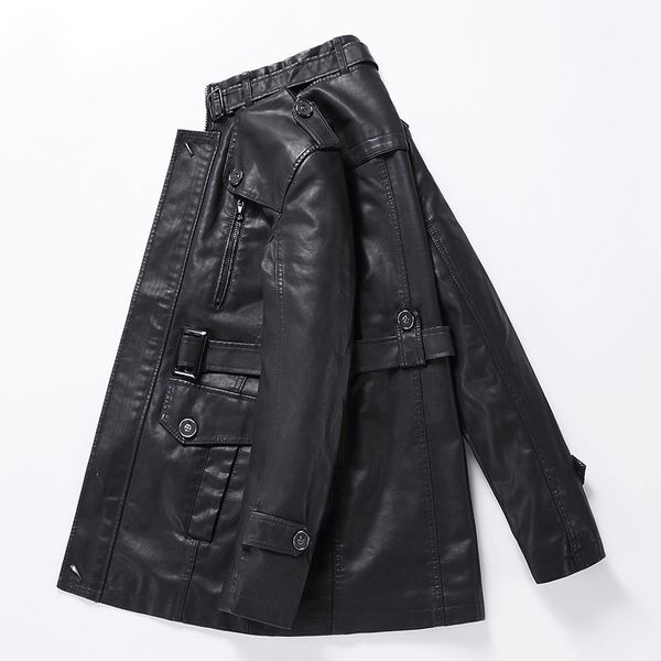 

leather coat men's winter plus thick velvet jacket greenish blue middle-aged casual mid-length warm fashion cotton coat cardigan, Black