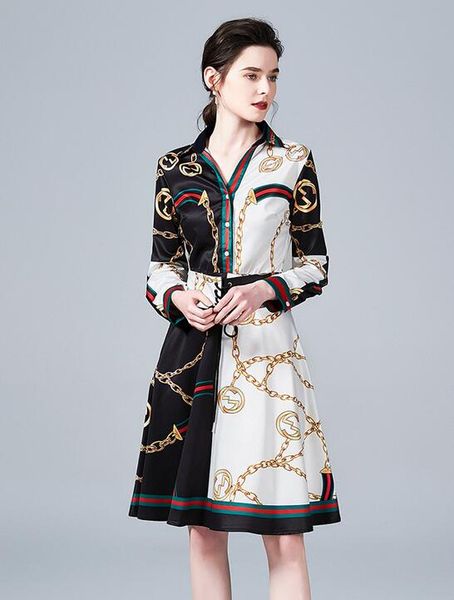 

chain printed black white long sleeve women shirt dresses lapel neck a-line street style dresses knee-length long sleeve, Black;pink
