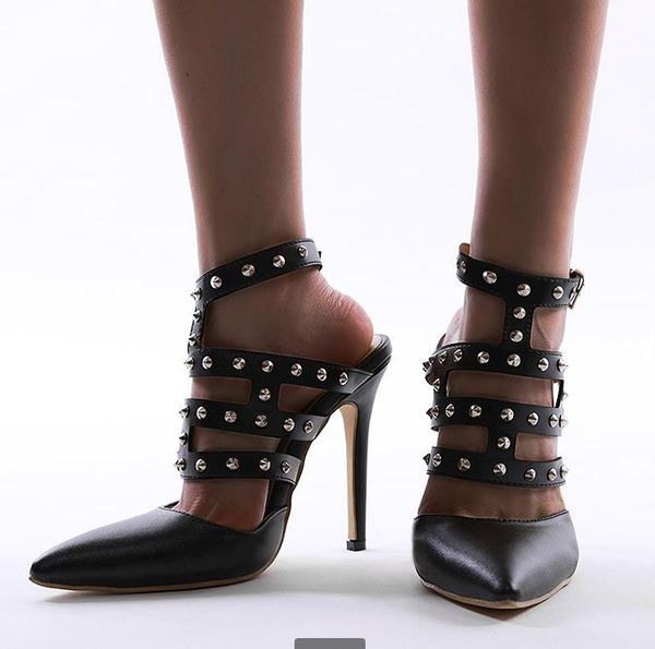 

size 35 to 42 black hollow out buckle t strap rivets pointed high heels shoes luxury women designer shoes tradingbear