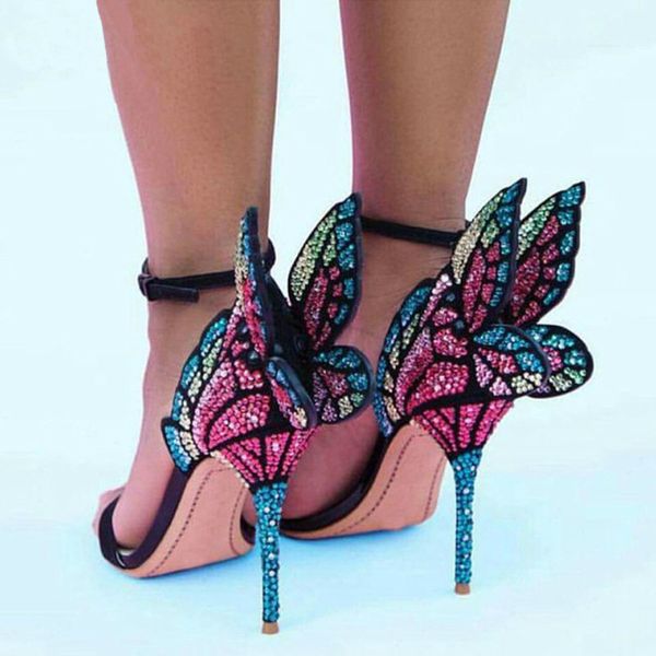 

siddons 2020 women stiletto heel sandals open toe party wedding high heels crystal butterfly wing designer shoes woman sandals, Black