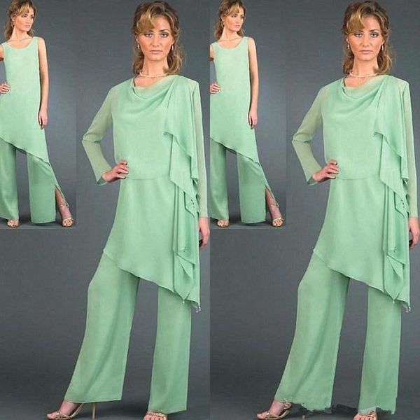 2019 Mais Novo Sage Verde Mãe da Noiva Calças Ternos Em Chiffon Mangas Compridas Convidado Do Casamento Vestido Formal Vestido de Noite