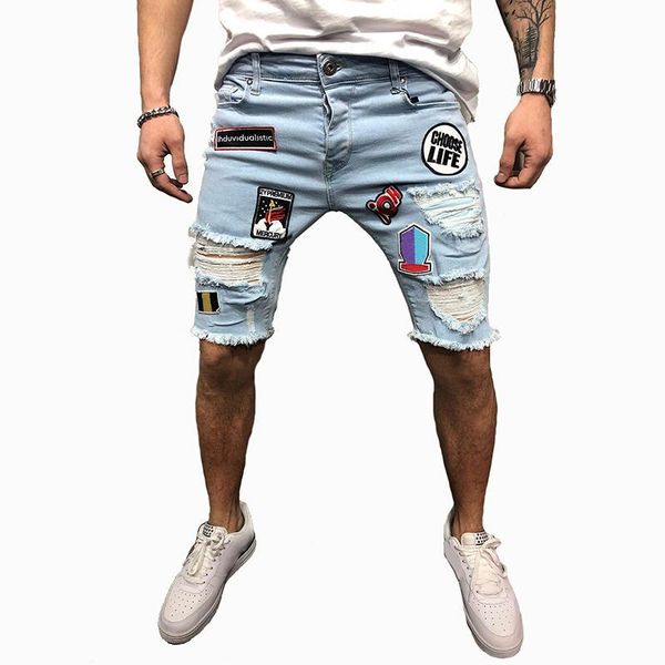 

mens cool designer brand blue denim shorts skinny ripped destroyed stretch hop hop pants with holes for men