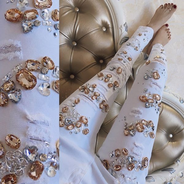 

with luxury beading diamond ripped jeans femme pants stretch white jeans female hole woman thin denim pencil pants, Blue