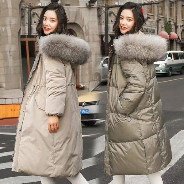 

women double sided down long jacket winter hooded white duck down coat warm parkas snow outwear real raccoon fur collar coats, Black