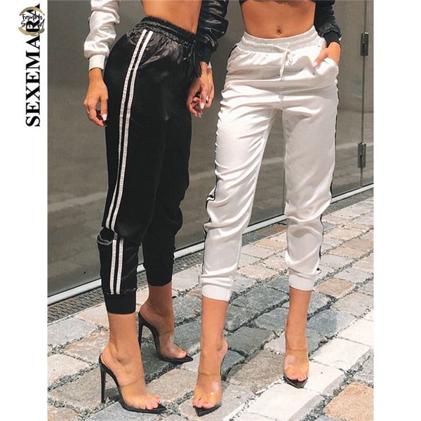 

side stripe satin silk sweat pants women elastic waist joggers streetwear fitness high waist casual trousers fashion 2019 c34aa, Black;white