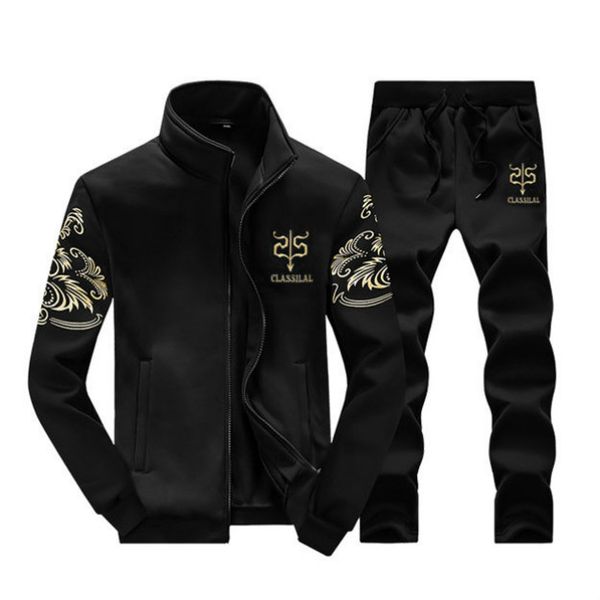 

men fashion clothing set winter brand printed embroidery stand color coat + pants two piece set mens casual trade soprts style 2019 new, Gray