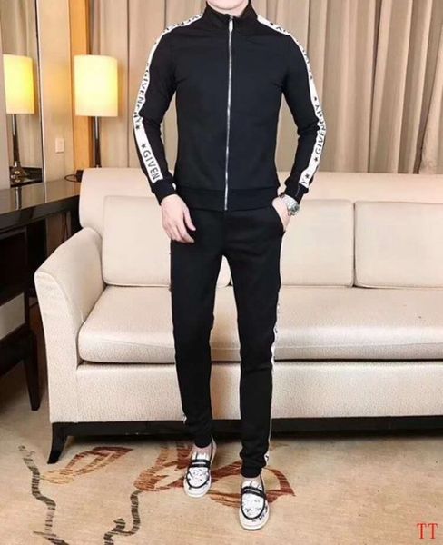 

2019 new big logo pocket men's tracksuit sets two pieces waterproof zipper sets cotton hoodies + striped pants men autumn, Gray