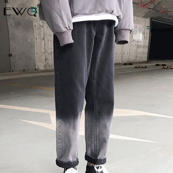 

ewq / full length gradient drawstring straight wide leg pants mid-waist man's pants 2019 autumn vintage style temperament fs634, Blue
