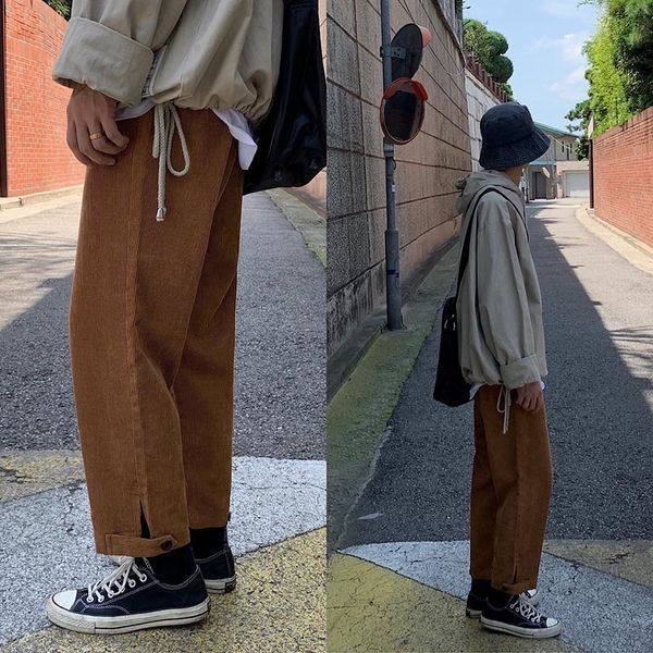 

2019 autumn new korean version of the retro corduroy loose straight wild street tooling casual solid color trousers, Black