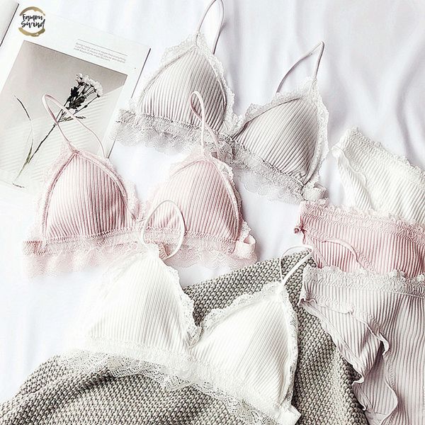 

cotton lady comfortable young girls intimates small bras with pad wireless bralette panties set women underwear lingerie suits, Red;black