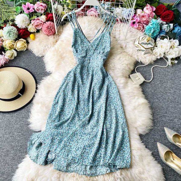 

bohemian summer party beach floral flower dress 2020 v-neck high waist open back yellow/blue/beige a-line dress for female, Black;gray