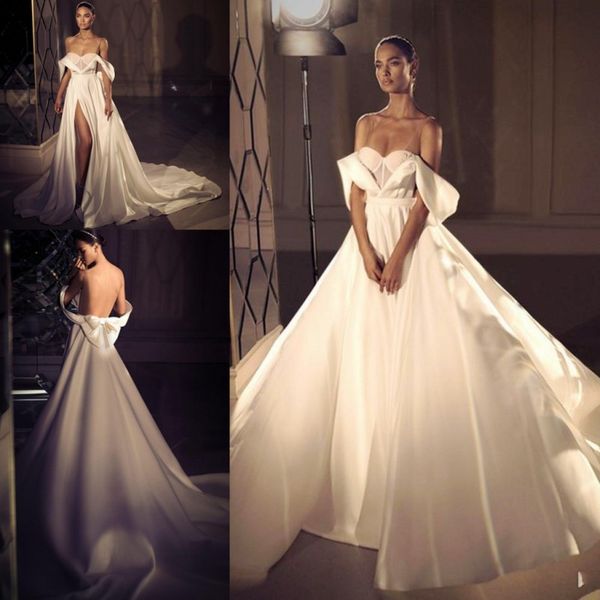 

атласная backless свадебные платья со съемными поезд с плеча спереди split vestidos de novia женщины wear плюс размер свадебные платья, White