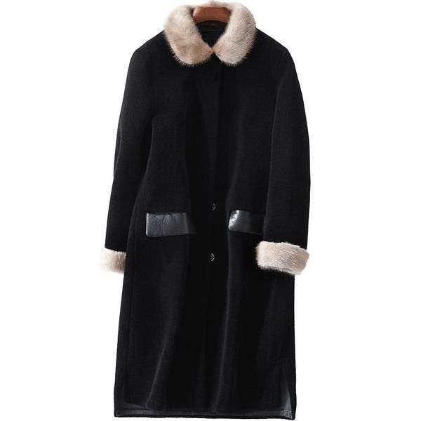 

mink fur collar wool jacket autumn winter women clothes 2020 real fur coat korean vintage sheep shearling abrigo mujer zt3194, Black